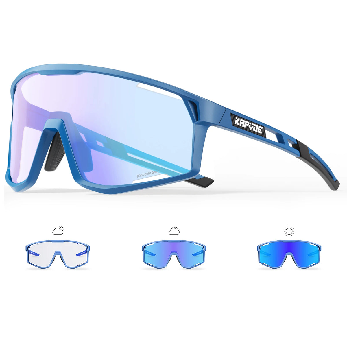 Blue photochromic cycling goggles with large mirrored lens and three lens styles