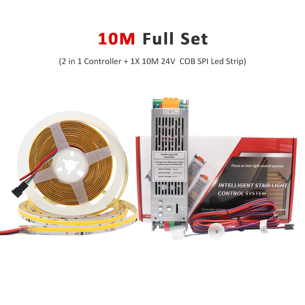 10M full kit contents: COB LED strip rolls, controller, and wiring system