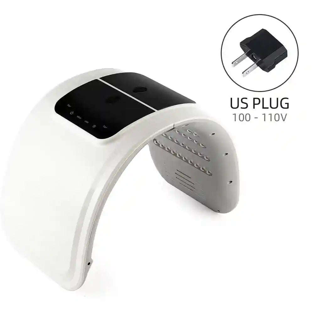 White, arched LED light therapy facial mask with black control panel and US plug.