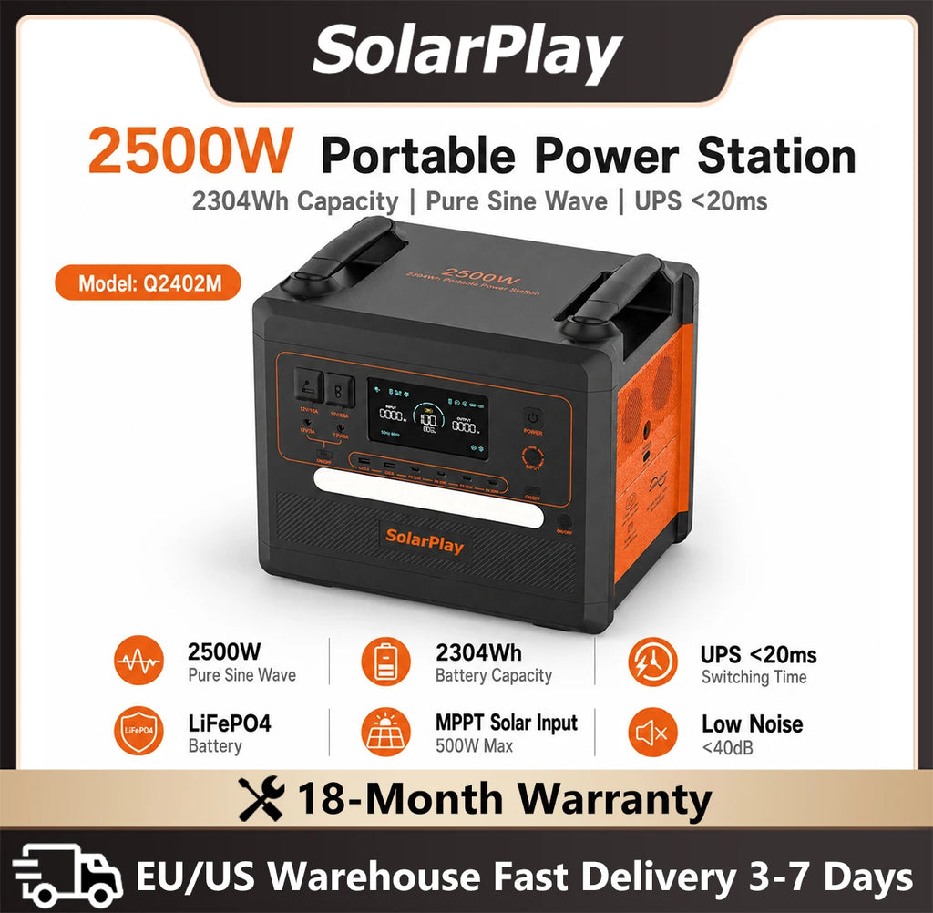 SolarPlay 2304Wh LiFePo4 Battery Solar Generator 2500W Solar Portable Power Station 0.08s Seamless UPS Function Support AC up to 2400W output, Support solar panels for charger,used for refrigeration fans, refrigerators, air c