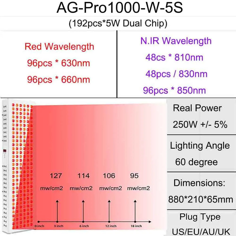 AG-Pro1000 Dual Chip 630nm 660nm Red Light Therapy Panel Lamp 810nm 830nm 850nm Near Infrared Therapy Lamp LED Beauty Device