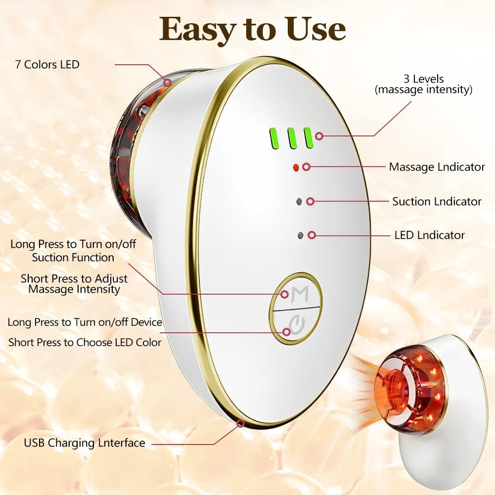 White and gold 3-in-1 facial sculpting device with LED light, intensity indicators, and button controls.