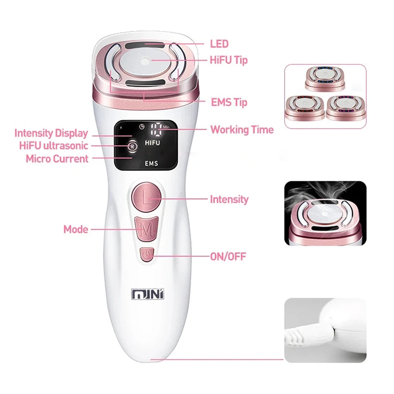 White and rose gold handheld HIFU and EMS facial beauty device with digital display, buttons, and detailed callouts.