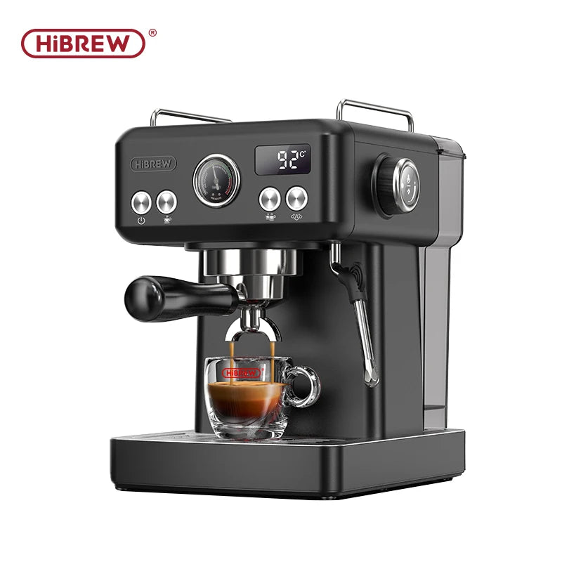HiBREW black espresso machine with digital temperature display, pressure gauge, and stainless steel portafilter.