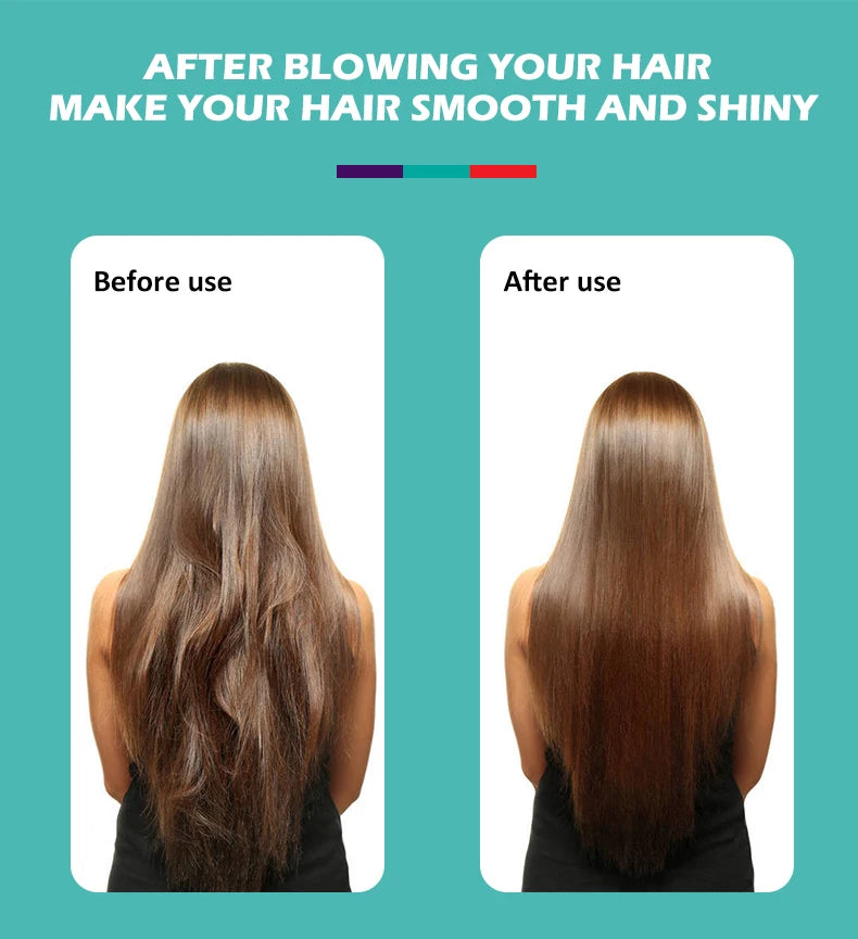 Before and after result of using VGRV-452 2400W negative ion hair dryer for smooth, shiny, professional hair styling.