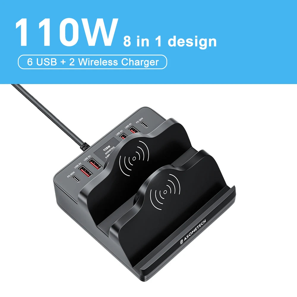 110W USB C Fast Charging Station PD QC3.0 PPS Type C Fast Charge Dual Wireless Charger For iPhone 14 13 Pro Max Samsung Xiaomi