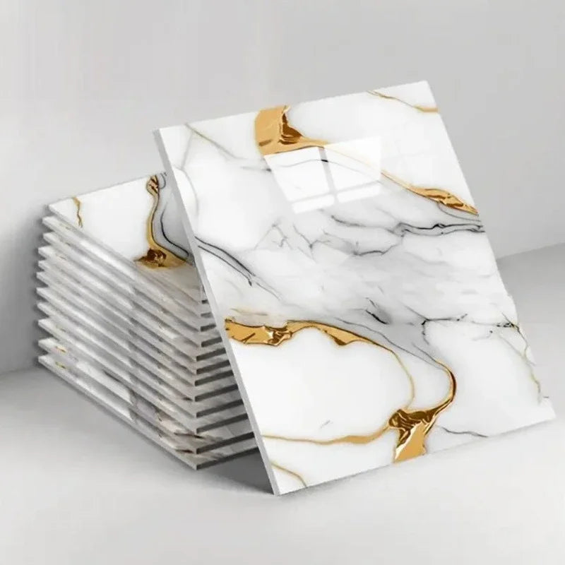 White marble 3D tile wall sticker sheets with gold accents, self-adhesive waterproof set