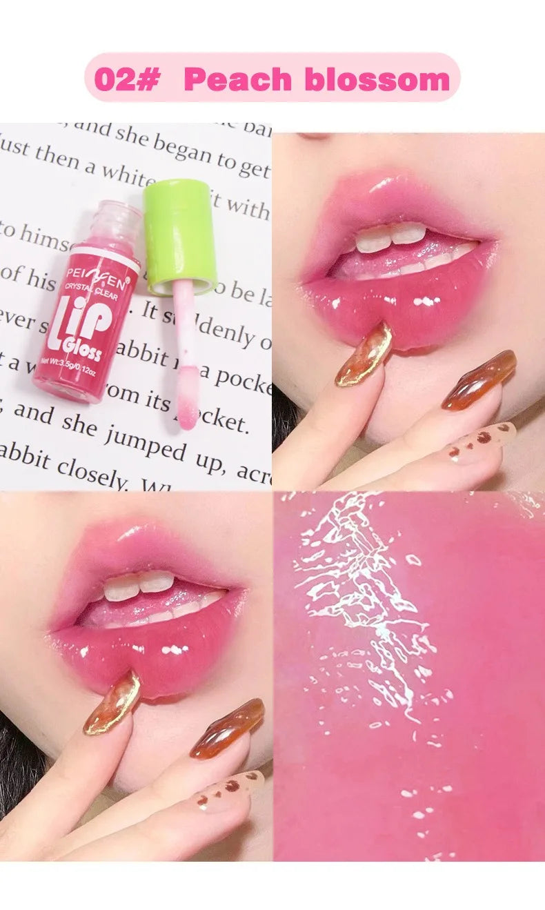 Peach Blossom lip oil: hydrating, clear pink moisturizing lip gloss with a glossy, plumping glaze texture.