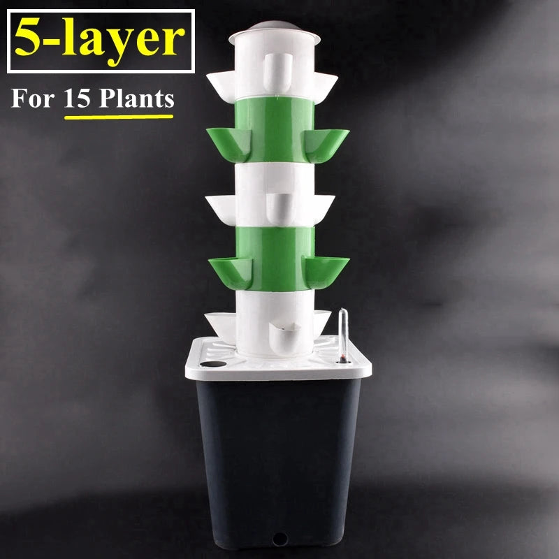 5-tier vertical hydroponic vegetable planter tower with green and white baskets over black base