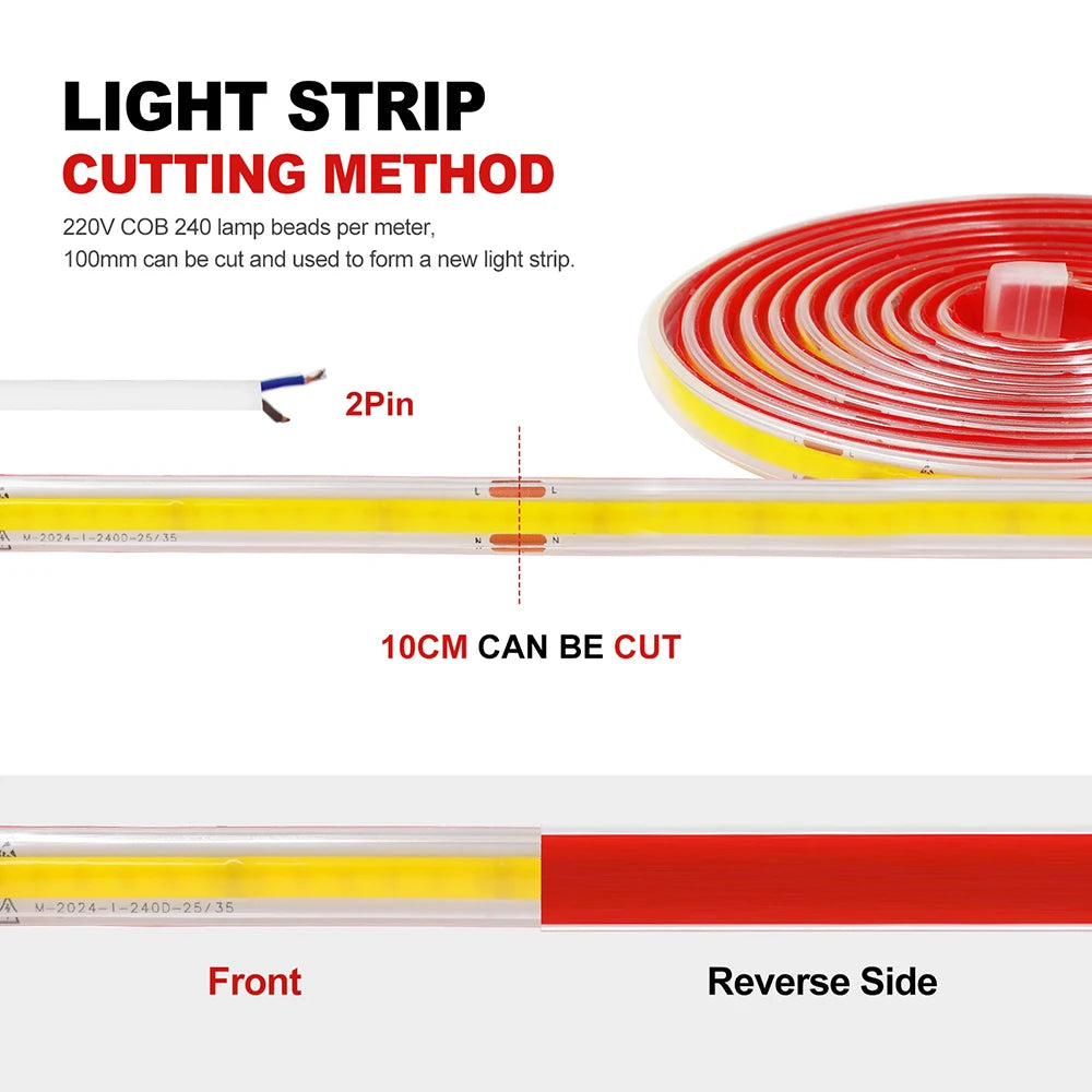 220V RA90 COB LED Strip Light Bright Waterproof Driver Build In 10cm Can Be Cut 240LEDs/M Flexible Adhesive Tape Home Decoration