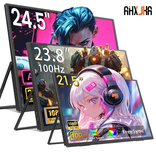 Three portable monitors in 21.5, 23.8, and 24.5-inch sizes, displaying vibrant anime graphics and gaming specs.