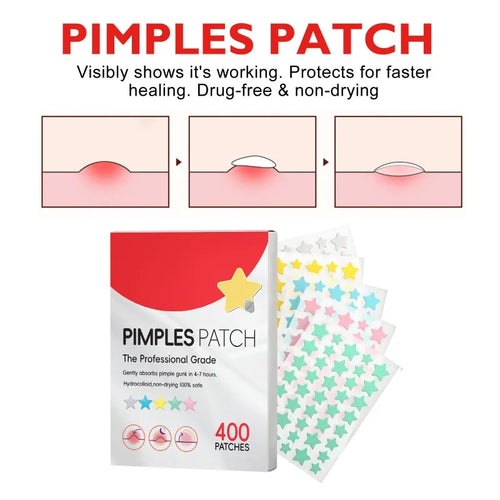Acne pimple cover patches showing application steps with star sticker set and box