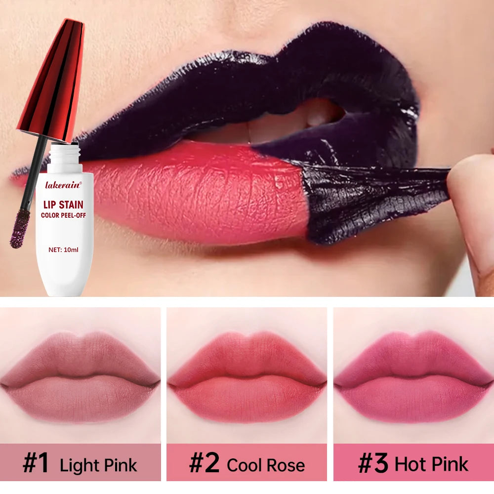 Lakerain waterproof peel-off lip stain in matte shades, showing application and natural matte tinted finish results.
