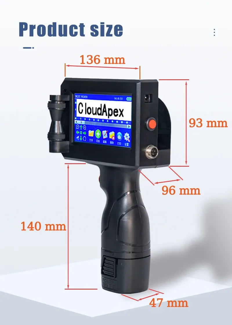 Handheld inkjet printer with labeled product size measurements in mm