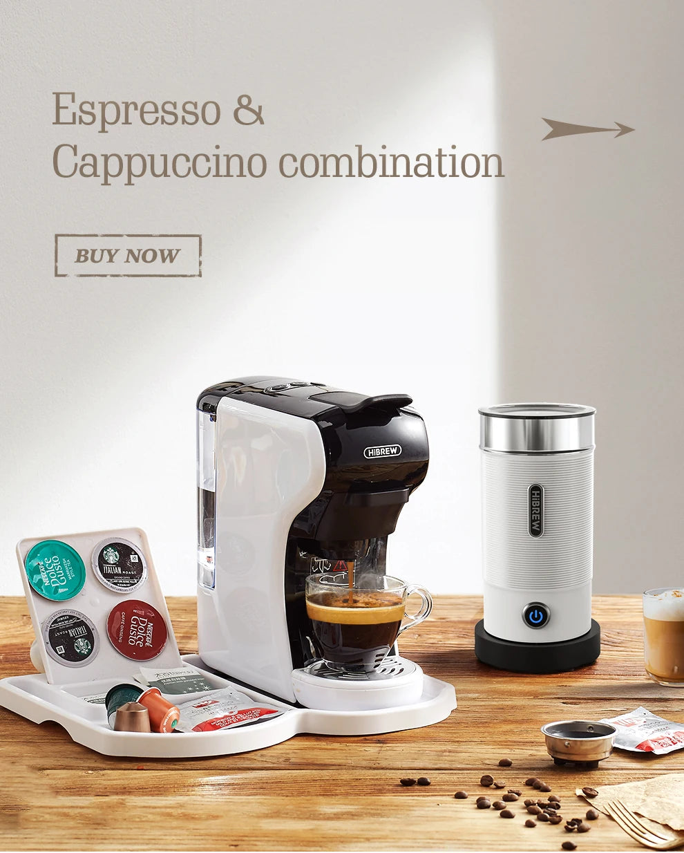 HiBrew white and black capsule espresso and cappuccino maker set with matching milk frother on a wooden table.