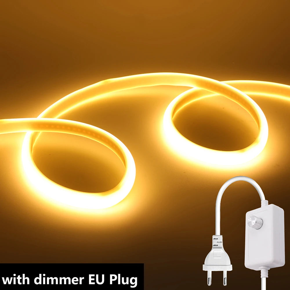 Dimmable LED neon strip with EU dimmer plug, warm-white two-coil flexible glow