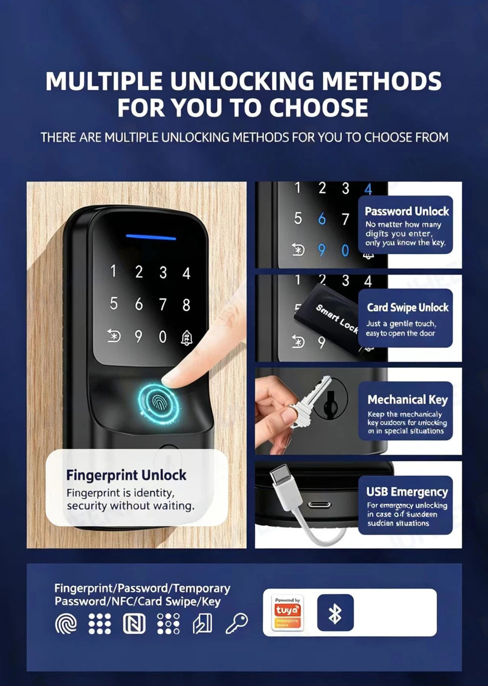 Tuya BLE WiFi Smart Door Lock Fingerprint Password RFID Card Key Unlock APP Control Electronic Deadbolt Lock for Home Office