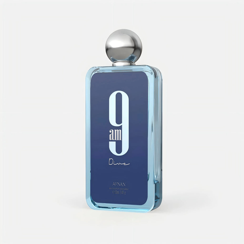 Afnan 9am Dive EDP for men: blue rectangular bottle, crisp ocean scent, long-lasting daily cologne spray.