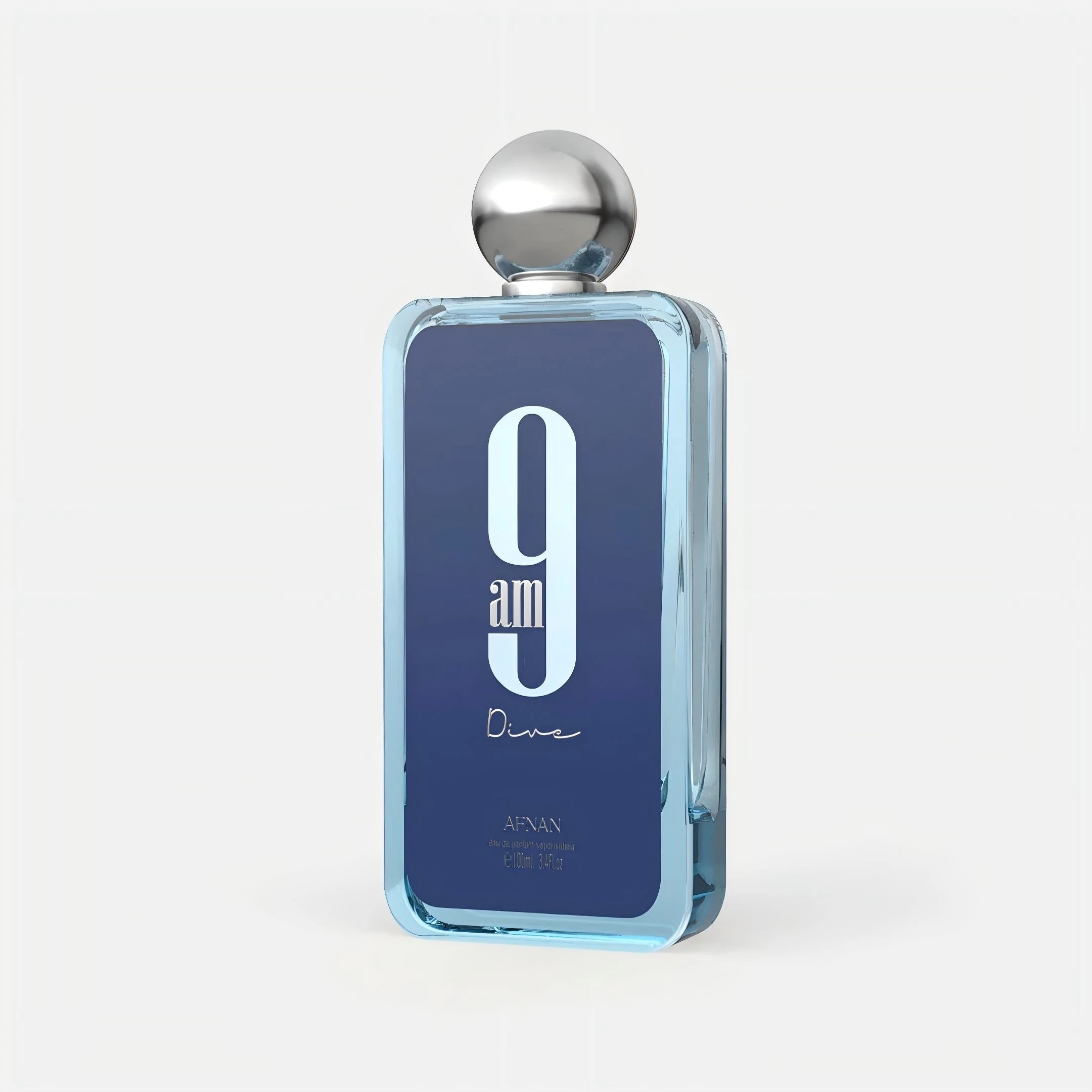 Afnan 9am Dive EDP for men: blue rectangular bottle, crisp ocean scent, long-lasting daily cologne spray.