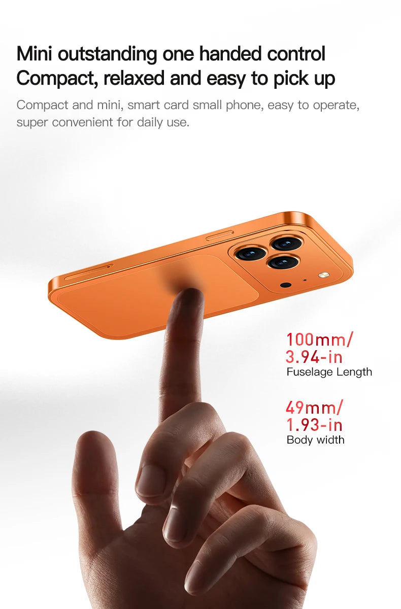 Orange ONEMYTH A18 Pro 4-inch mini 4G smartphone held on finger, showing compact design and triple camera layout.