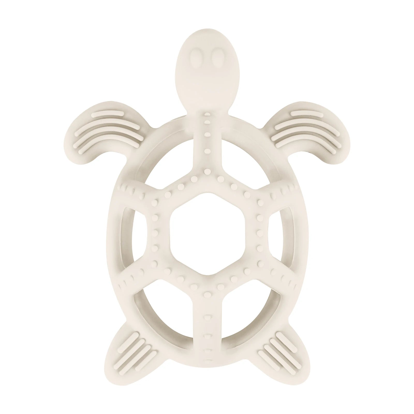 Beige turtle silicone baby teething toy for soothing relief.