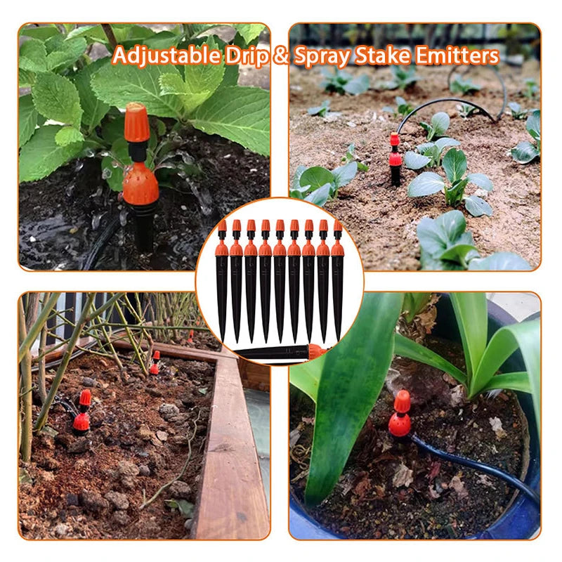 Adjustable 2-in-1 Drip Spray Stake Emitter 360° Mist Nozzle Garden Auto Watering Irrigation Stake for Greenhouse Lawn Plant Pots
