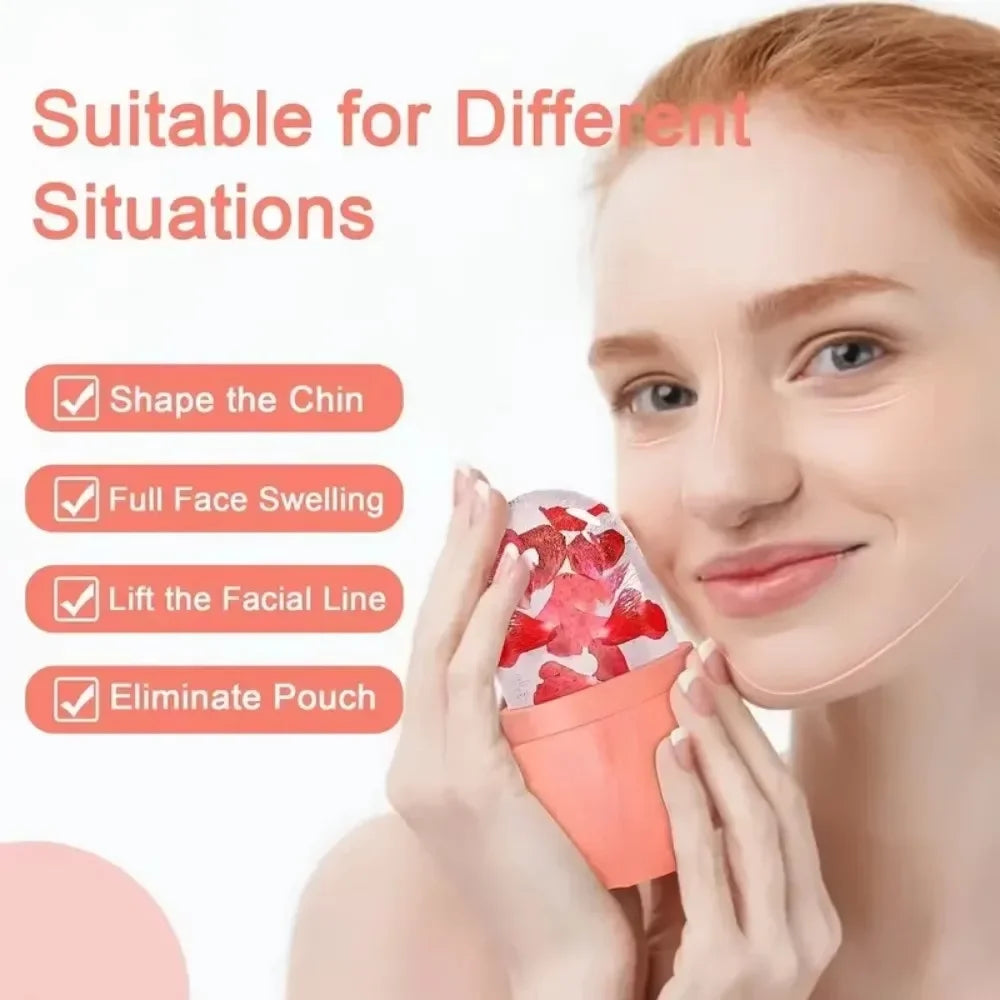 A woman holds a coral silicone ice face roller filled with red rose petals, promoting facial contouring benefits.