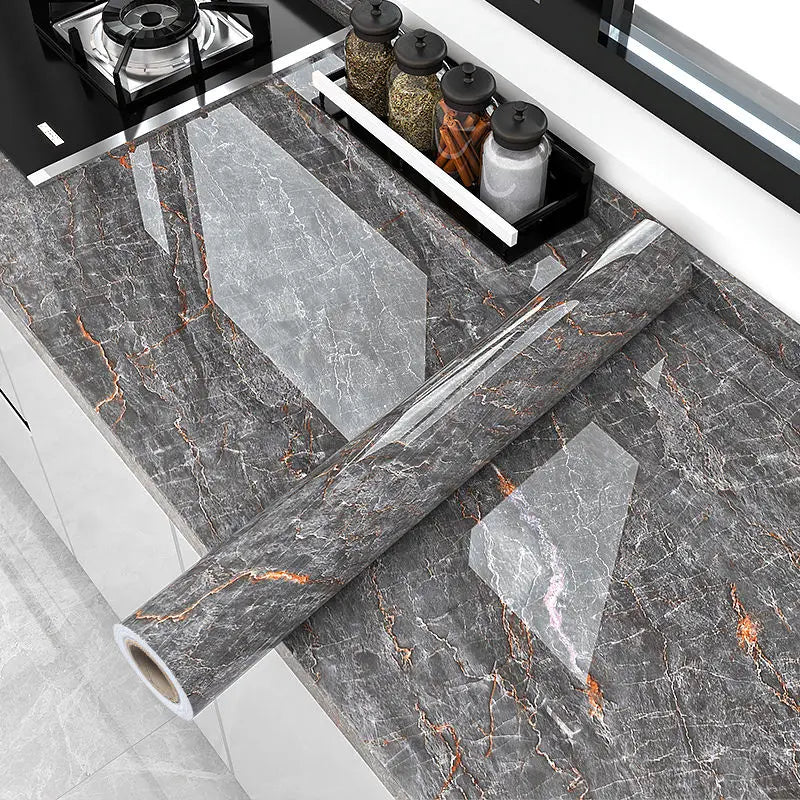 Gray marble-look waterproof self-adhesive wallpaper close-up roll with orange veining