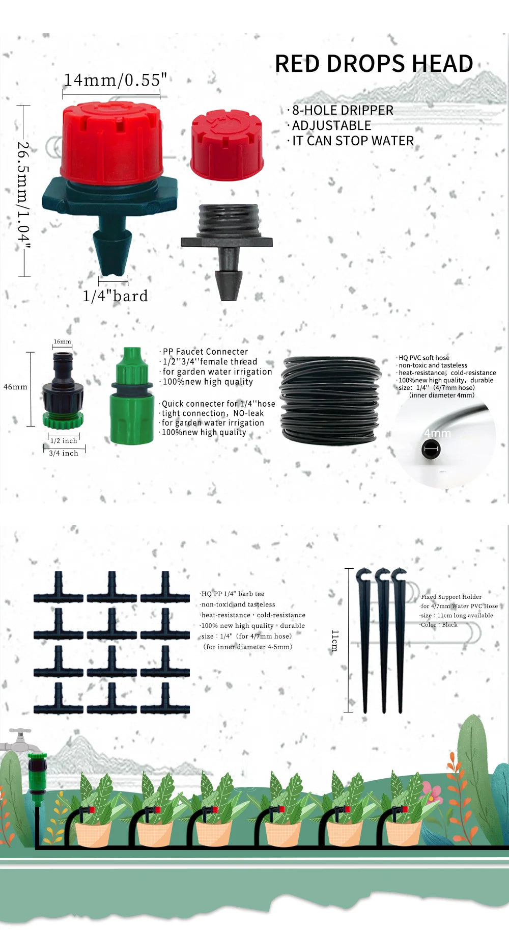 Diagram of red stop adjustable drip head and micro hose connectors and stakes