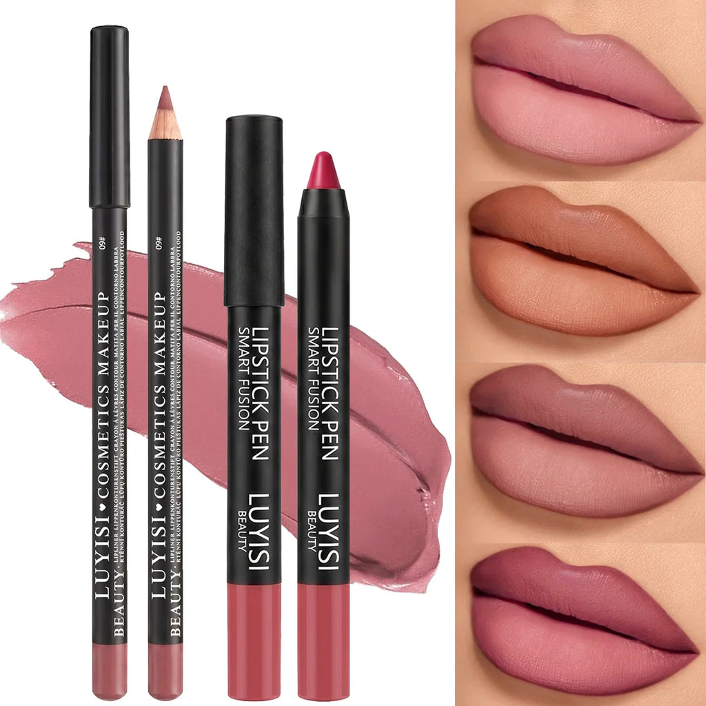 2pcs velvet lip set with long-lasting matte lip liner and waterproof lipstick pencil in wearable nude pink shades.