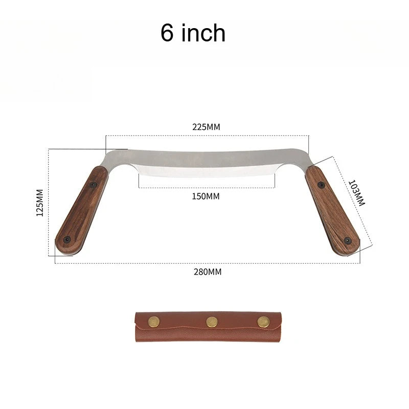 6-inch draw shave tool with gray metal blade and dark wood handles, includes leather cover