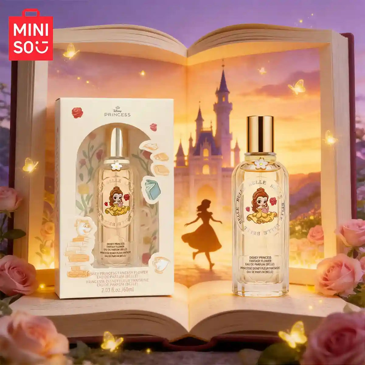 Miniso Disney Belle Fantasy Flower EDP for women. 60ml floral perfume in a clear glass bottle, gold cap, gift box.