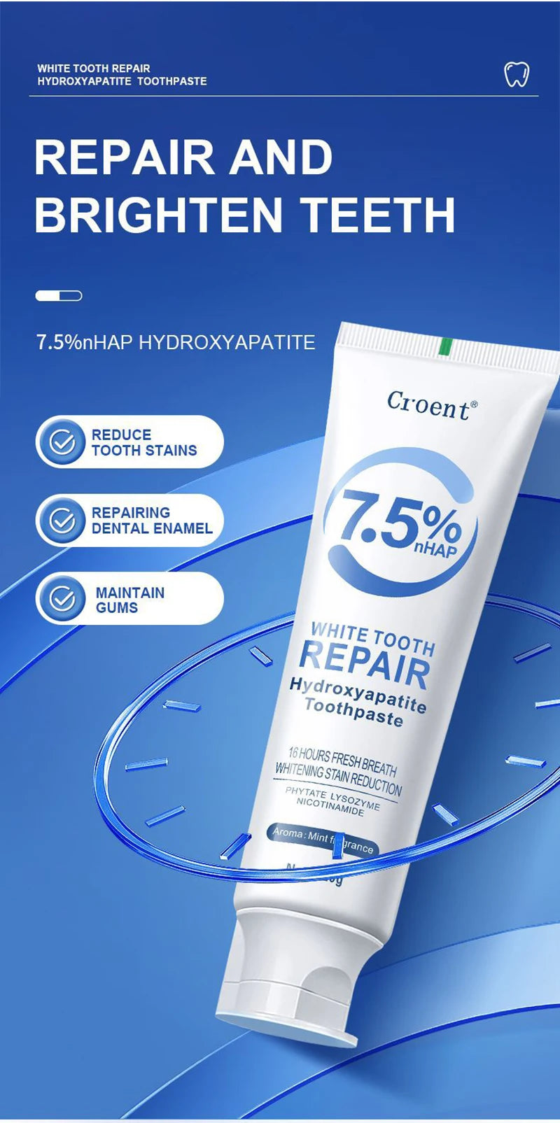 Tidesmit whitening toothpaste for plaque removal, gum health, and fresh breath with hydroxyapatite formula.