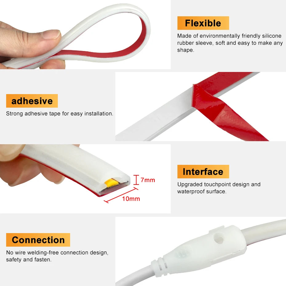 Super Bright 220V COB LED Strip Light EU/AU Power Plug Adhesive Tape Flexible Ribbon Waterproof For Outdoor Lighting Decoration