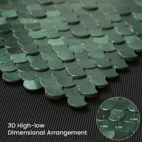 Close-up of dark green fan-shaped mosaic backsplash tiles with 3D curved scallop edges
