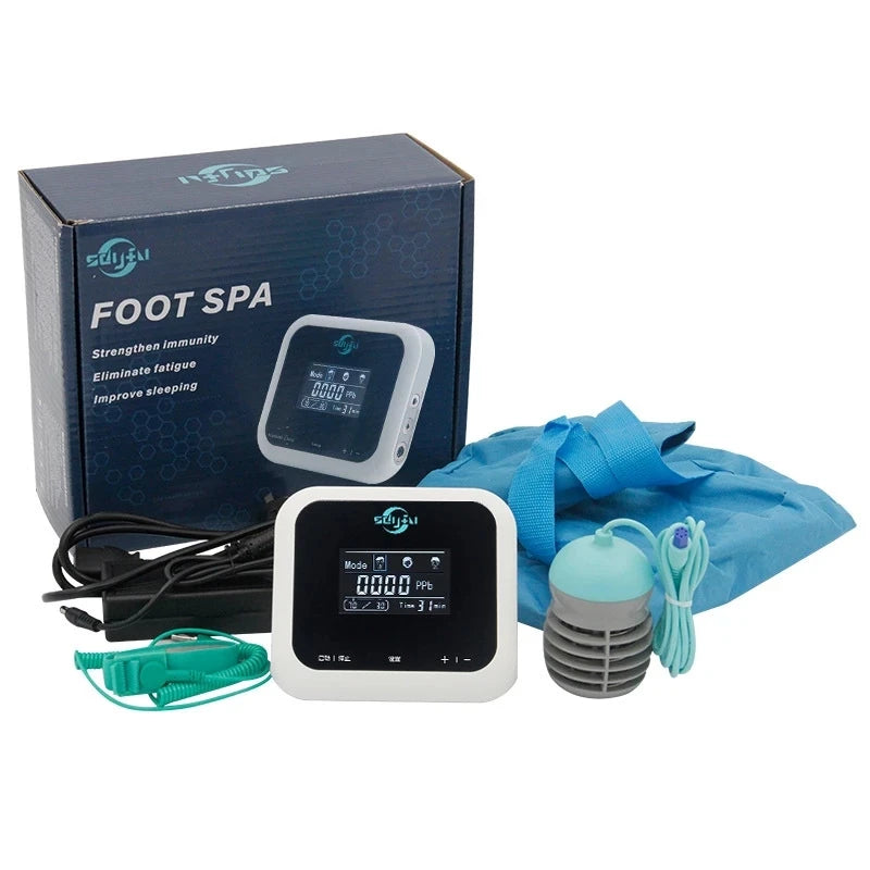 Ionic detox foot spa machine with digital control, ion array, wrist strap, and power cord in blue storage bag.