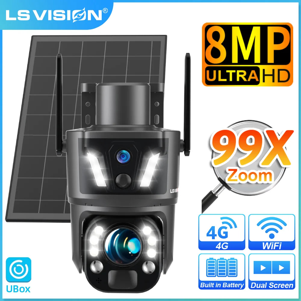 LS VISION 99X Zoom WiFi Solar Camera 4G SIM 8MP Dual Screen PTZ Outdoor Surveillance Camera PIR Ai Detection Auto Zoom Tracking