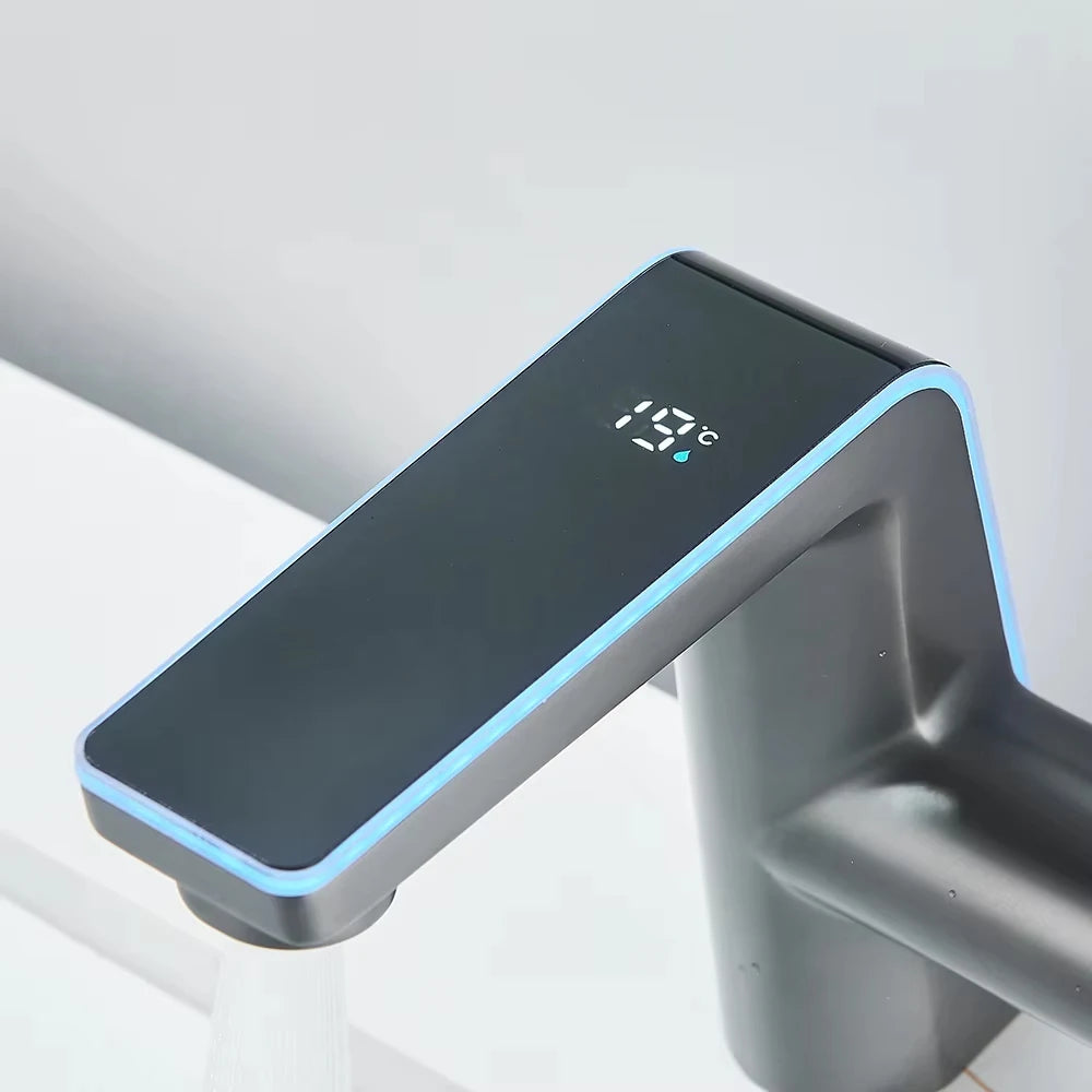 Digital Display Screen Bathroom Basin Sink Faucet 2-ways Spout LED Washbasin Taps Hot Cold Water Deck Mounted Mixers