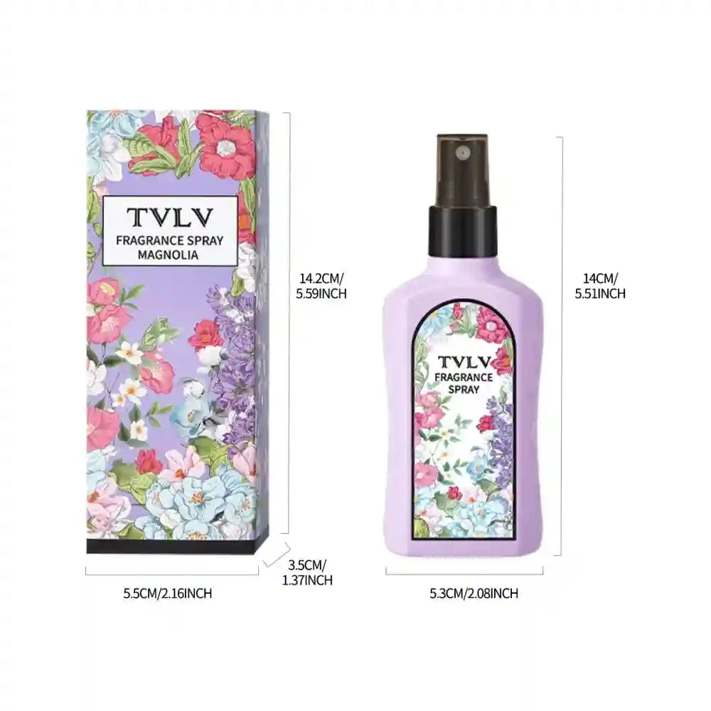 TVLV Magnolia fragrance spray, alcohol-free unisex scent in a rectangular purple bottle with floral design.