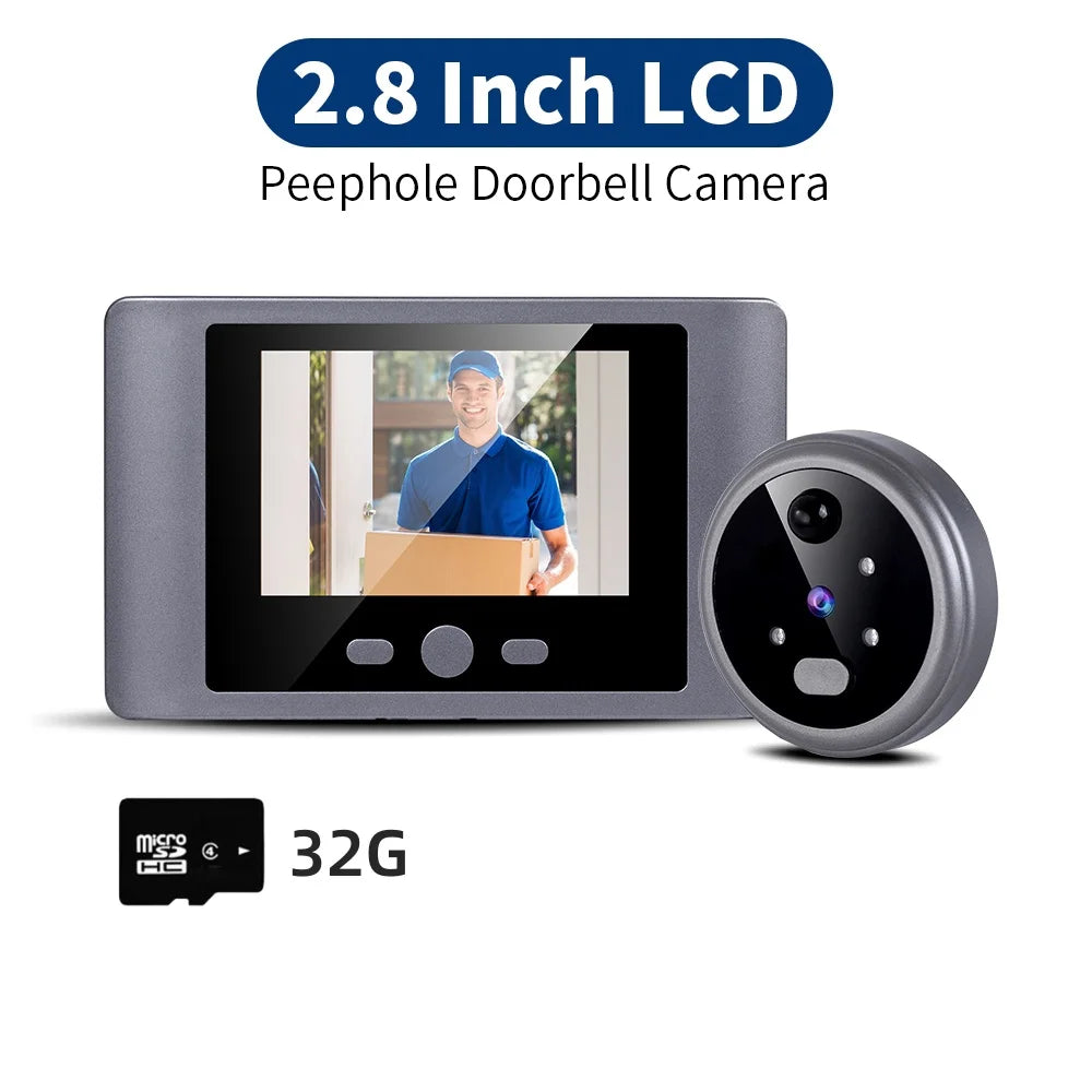 Wireless peephole video doorbell camera with LCD screen, round camera, and 32G microSD card