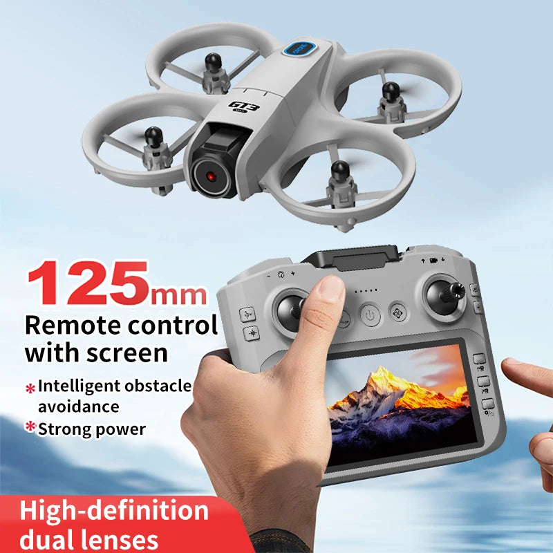 GT3 Max gray mini drone with obstacle avoidance and a handheld remote controller featuring a live-feed display screen.