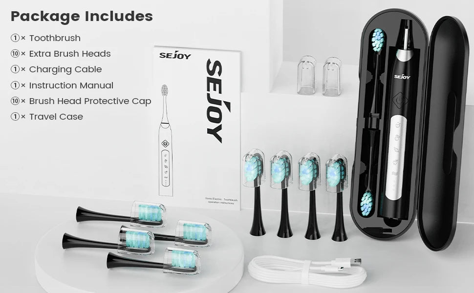 Sejoy Electric Sonic Toothbrush with 10 pcs Replacement Heads 5 Modes USB Rechargeable Waterproof Electric Tooth Brushes