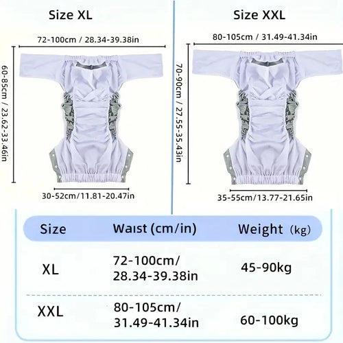 Reusable incontinence diaper sizing chart for adults, showing white XL and XXL cloth diapers with elastic waistbands.