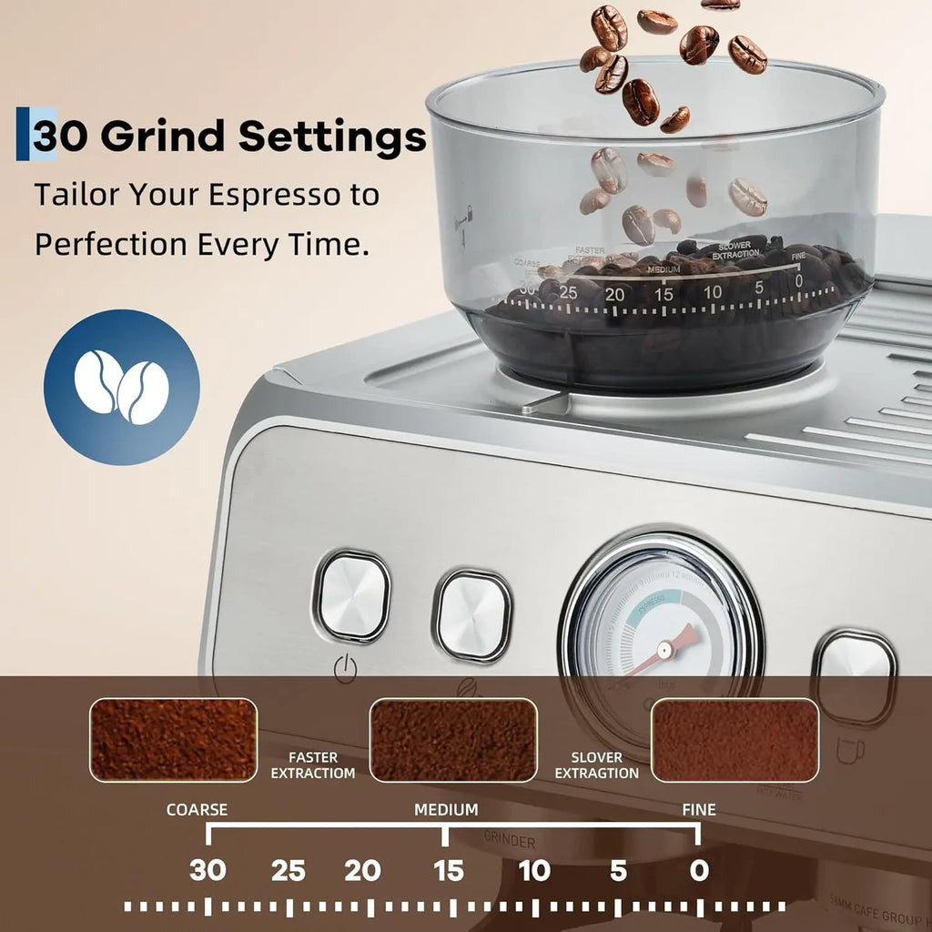 Stainless steel espresso machine with integrated bean hopper featuring 30 adjustable grind settings and pressure gauge.