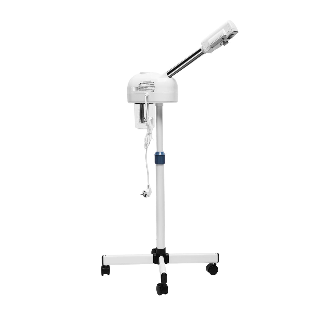 Professional white 750ml facial steamer on adjustable rolling stand for spa, salon, and home skincare treatments.