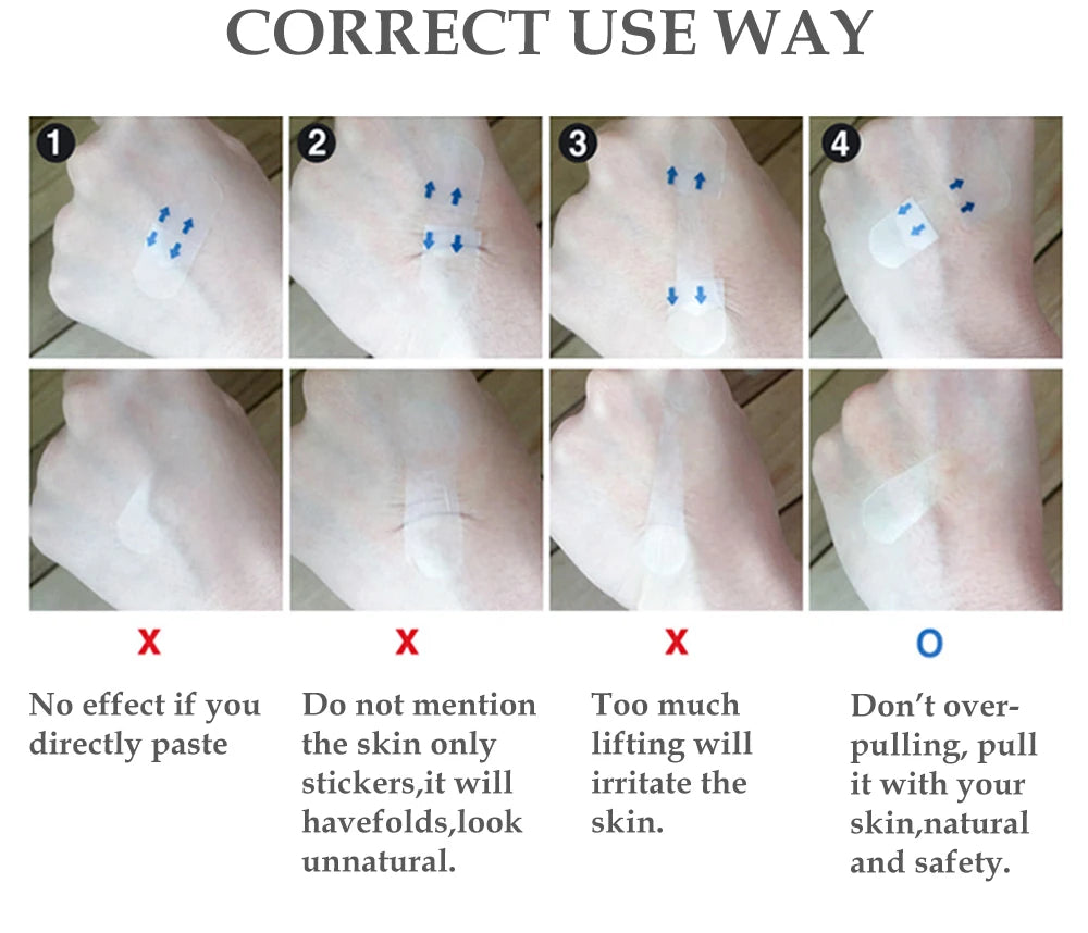 Four-step infographic showing correct vs. incorrect application of transparent V-shape face lifting adhesive patches.