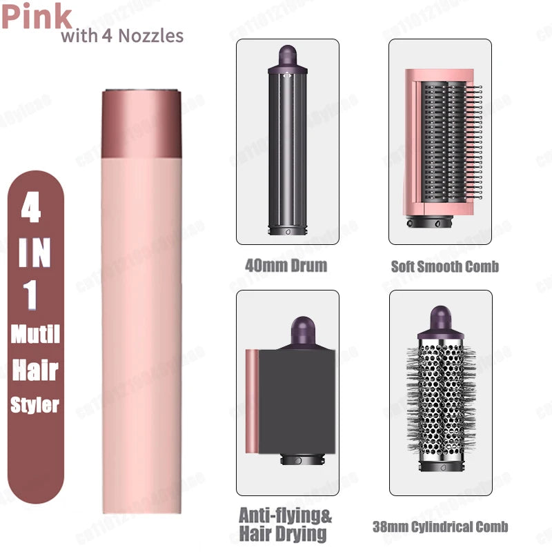 Pink 4-in-1 auto hair styler and dryer set with curling barrel, smooth comb, dryer nozzle, and volumizing brush.