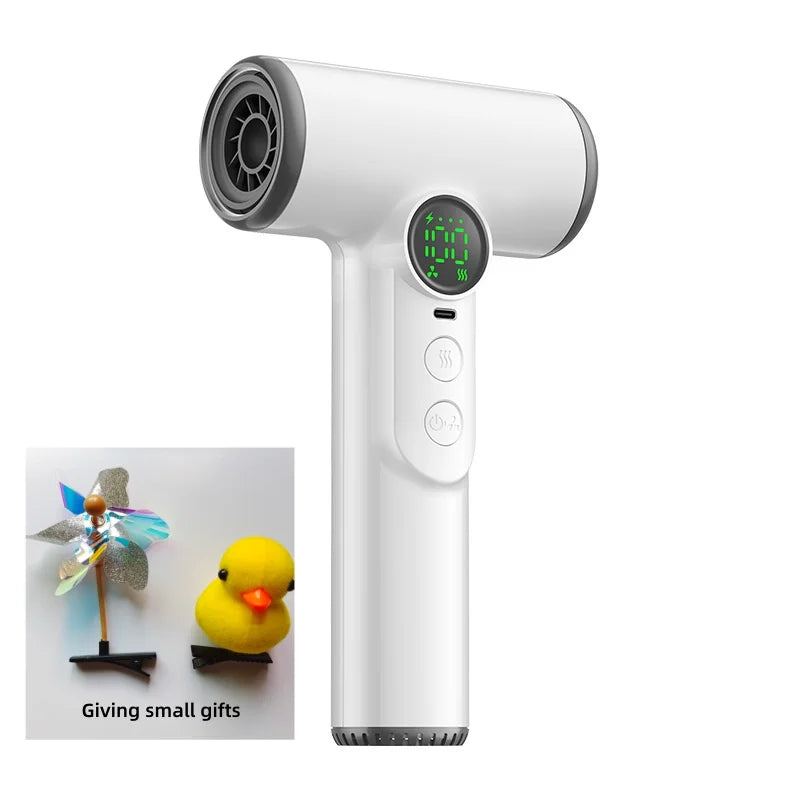 White cordless high-speed hair dryer with LED display, hot/cold air settings, and cute bonus gift for travel or dorm.