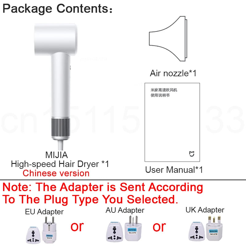 White MIJIA High-Speed Ionic Hair Dryer set with nozzle, manual, and international travel plug adapter.