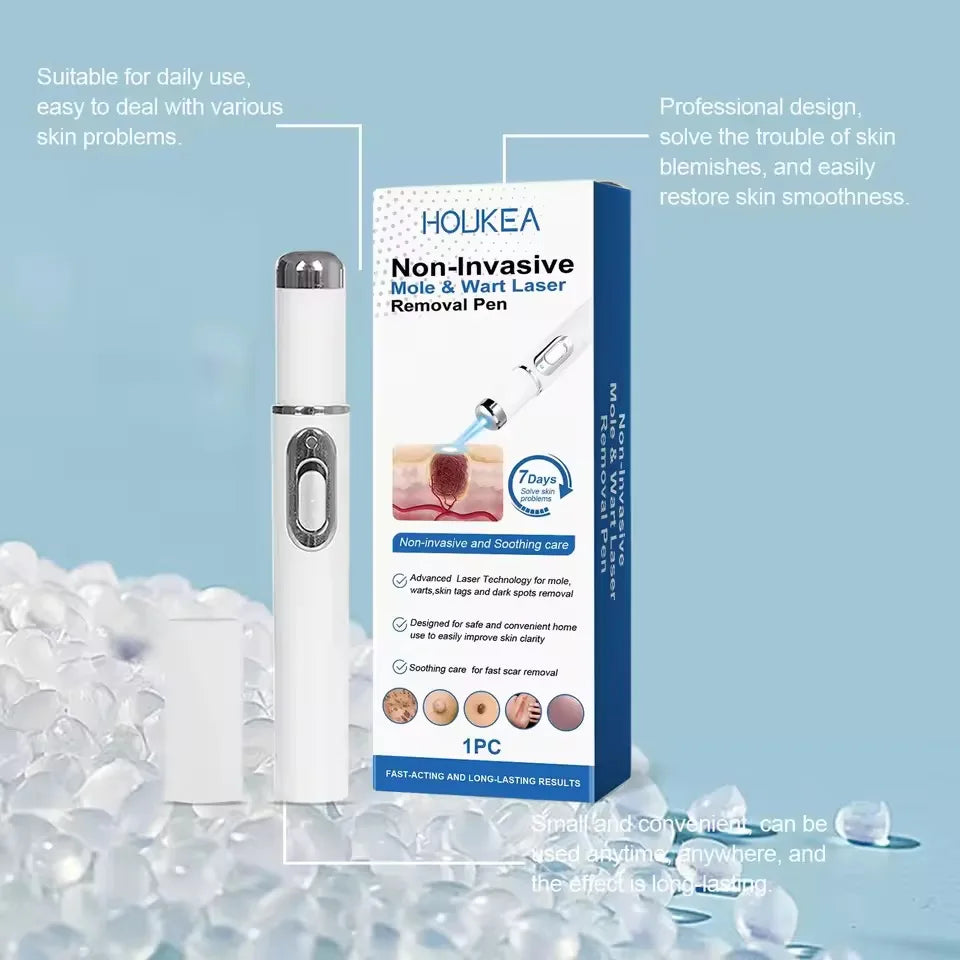 Portable white blue light wart and skin tag removal pen with retail packaging for at-home blemish and mole care.